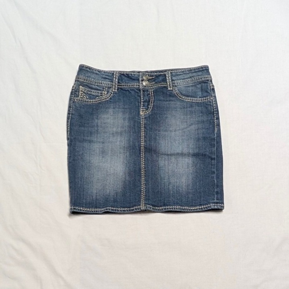 Vigoss Womens Medium Wash Denim Mini Skirt Size 9 Contrast Stitch Stretch